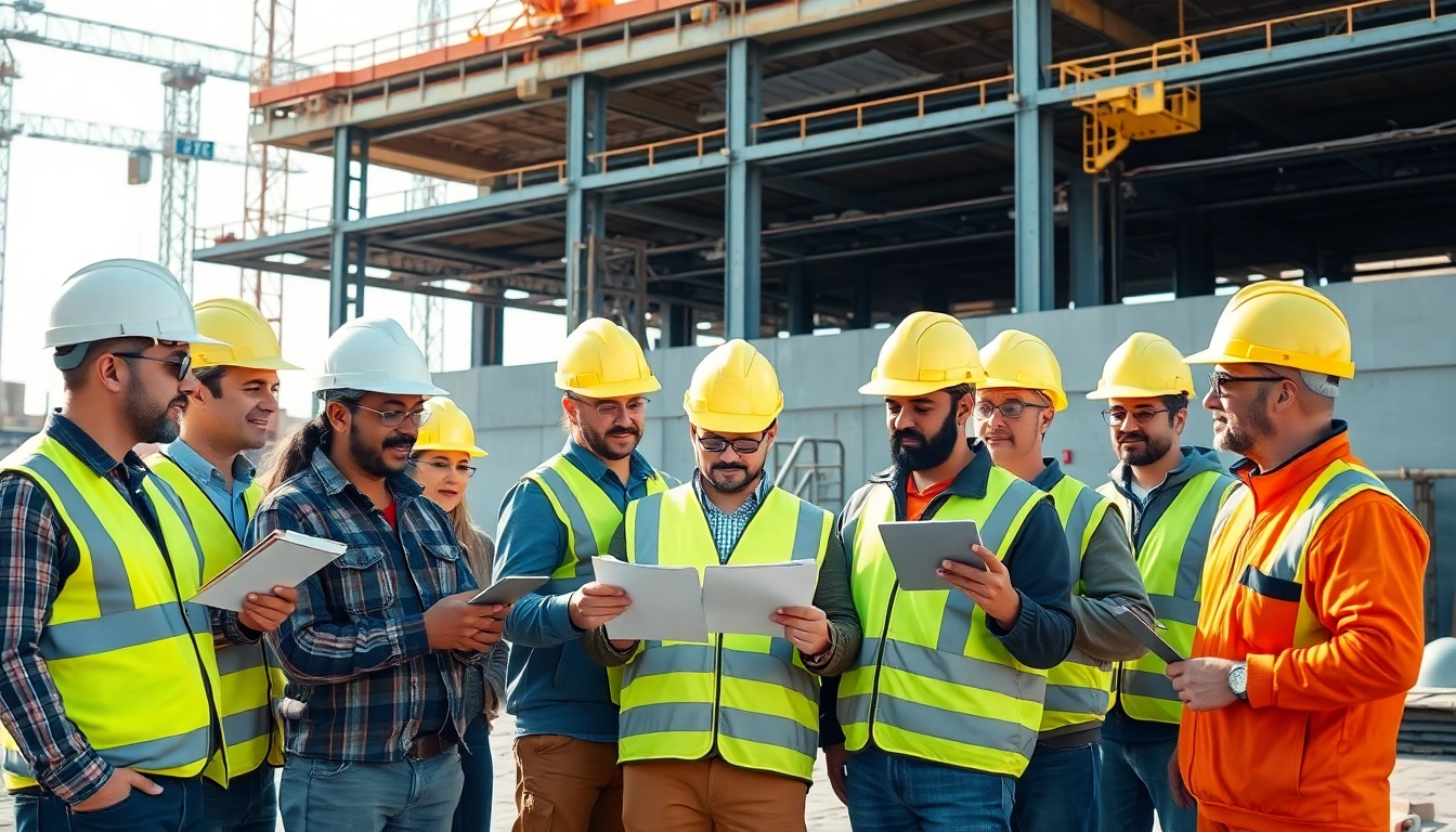 Construction safety programs demonstrating trainees and tools at a bustling outdoor site.