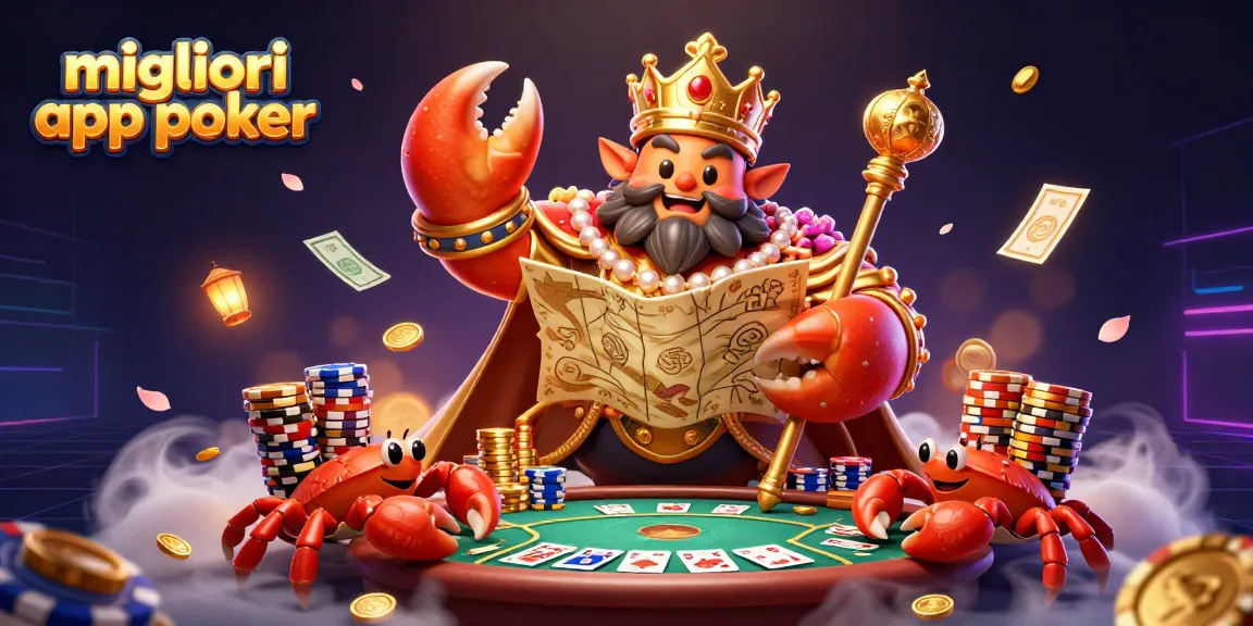 Un'immagine di un imperatore granchio dorato con scettro e mappe, il tema è sulle migliori app poker.
