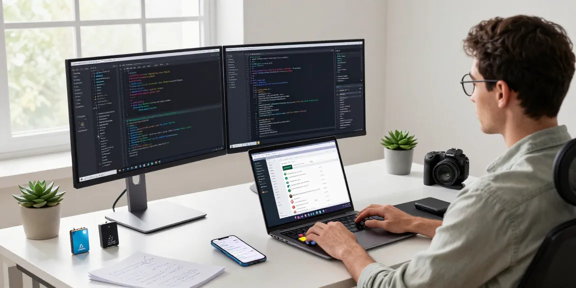 Developer showcasing open claw AI automation in modern workspace with high-resolution screens.