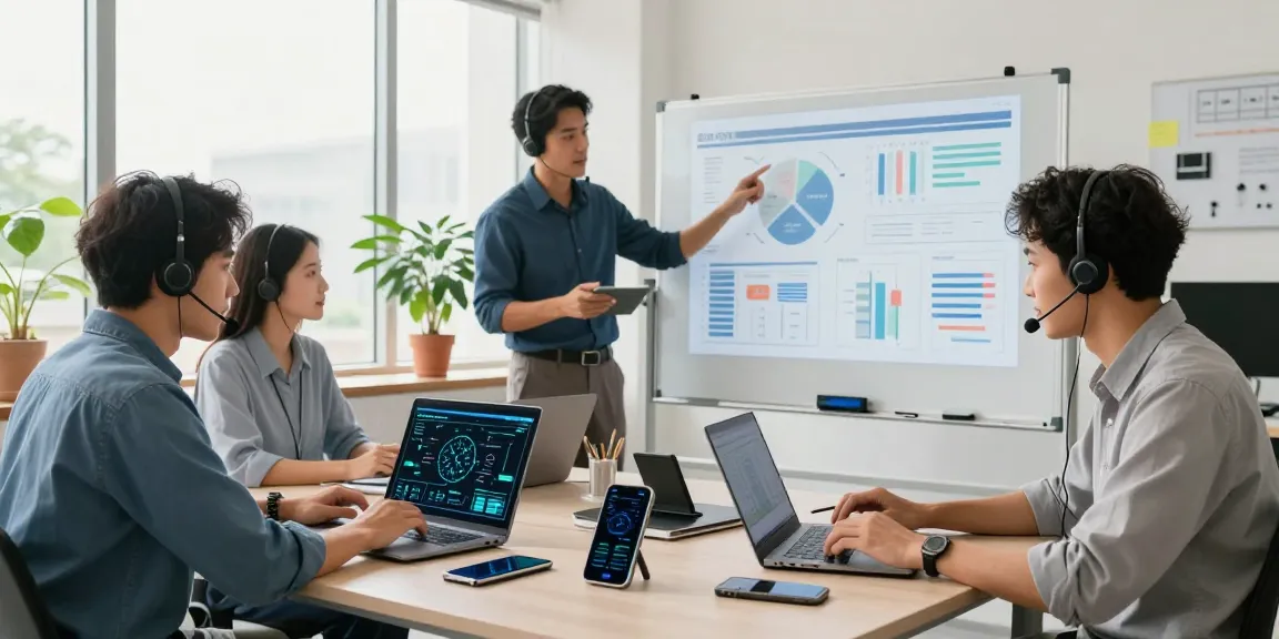 Team of professionals in IT support business collaborating on solutions in a bright office.