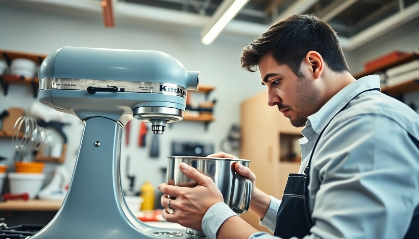 Expert technician performing KitchenAid appliance repair ottawa on a stand mixer.