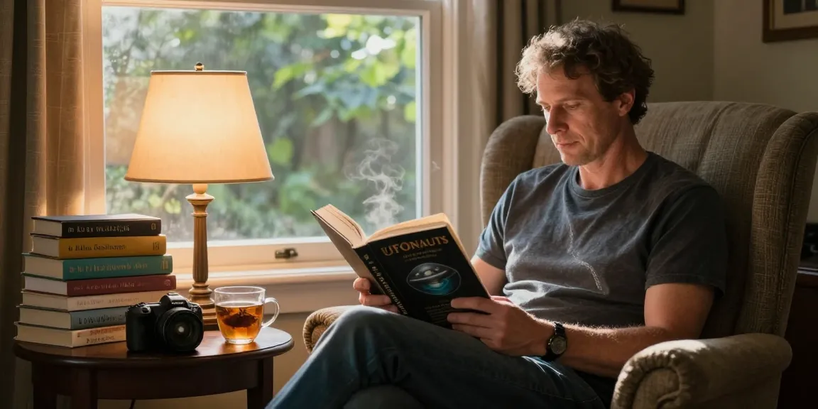 T Allen Greenfield exploring UFO phenomena with UFOnauts at https://tallengreenfield.com in a cozy reading nook.