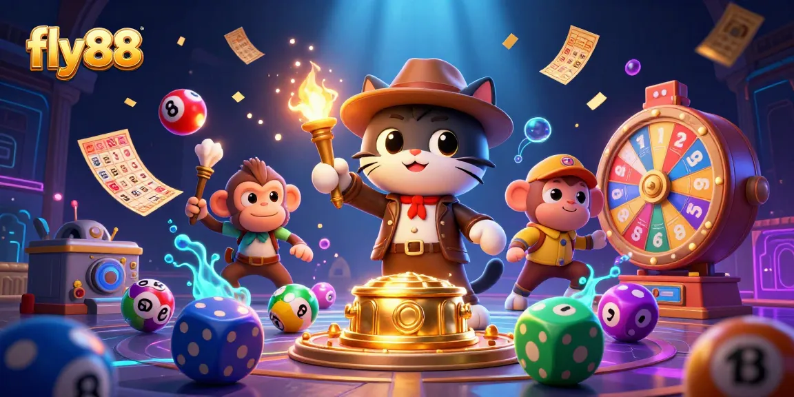 Experience gaming excitement with fly88 as a cartoon archaeologist finds casino treasures.