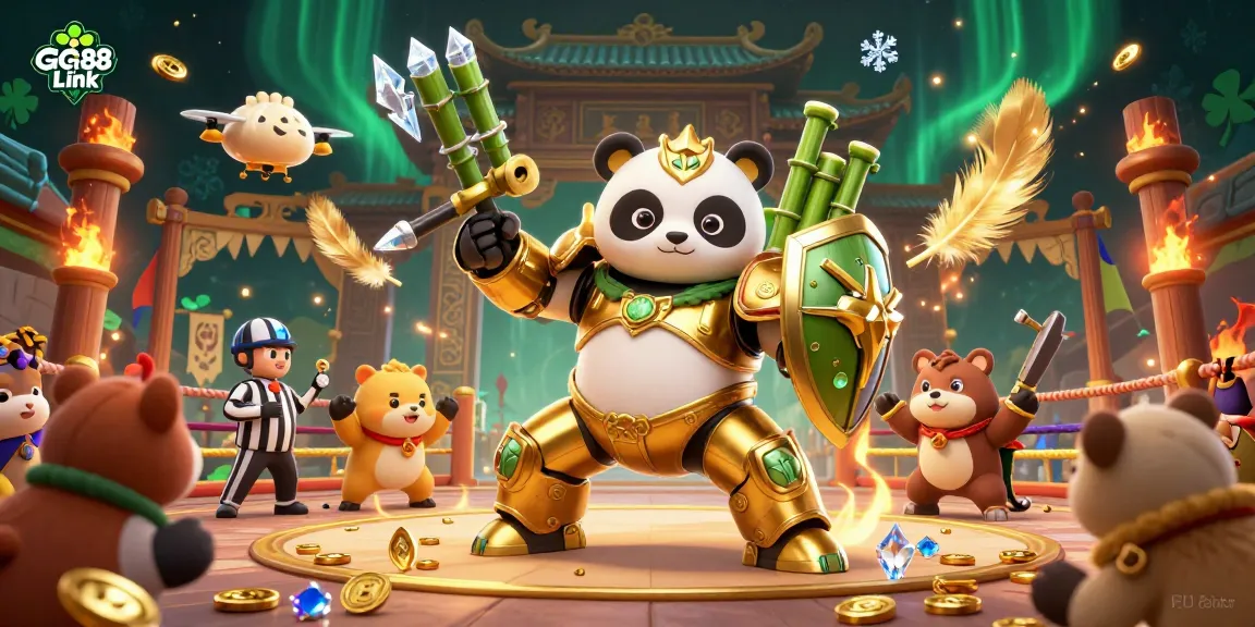 Engage with GG88 Link in this vibrant 3D digital illustration of a golden panda fighting robot in a bustling casino arena.