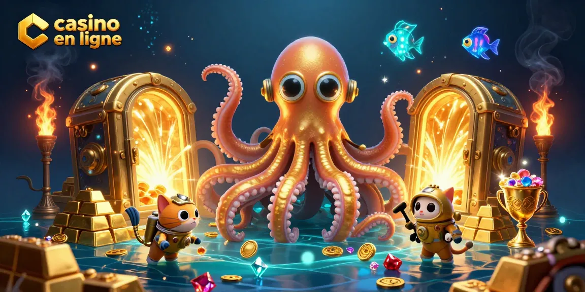 Découvrez l'univers vibrant des jeux de casino en ligne avec un kraken et un chat plongeur.
