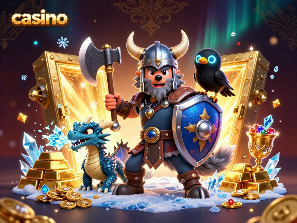 Engaging casino scene featuring a Viking wolf warrior, fierce dragon, and treasure vault