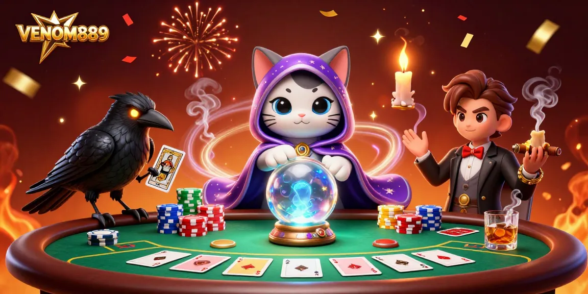 Explore the mystical world of VENOM889 with a vibrant casino scene featuring fortune tellers and poker elements.