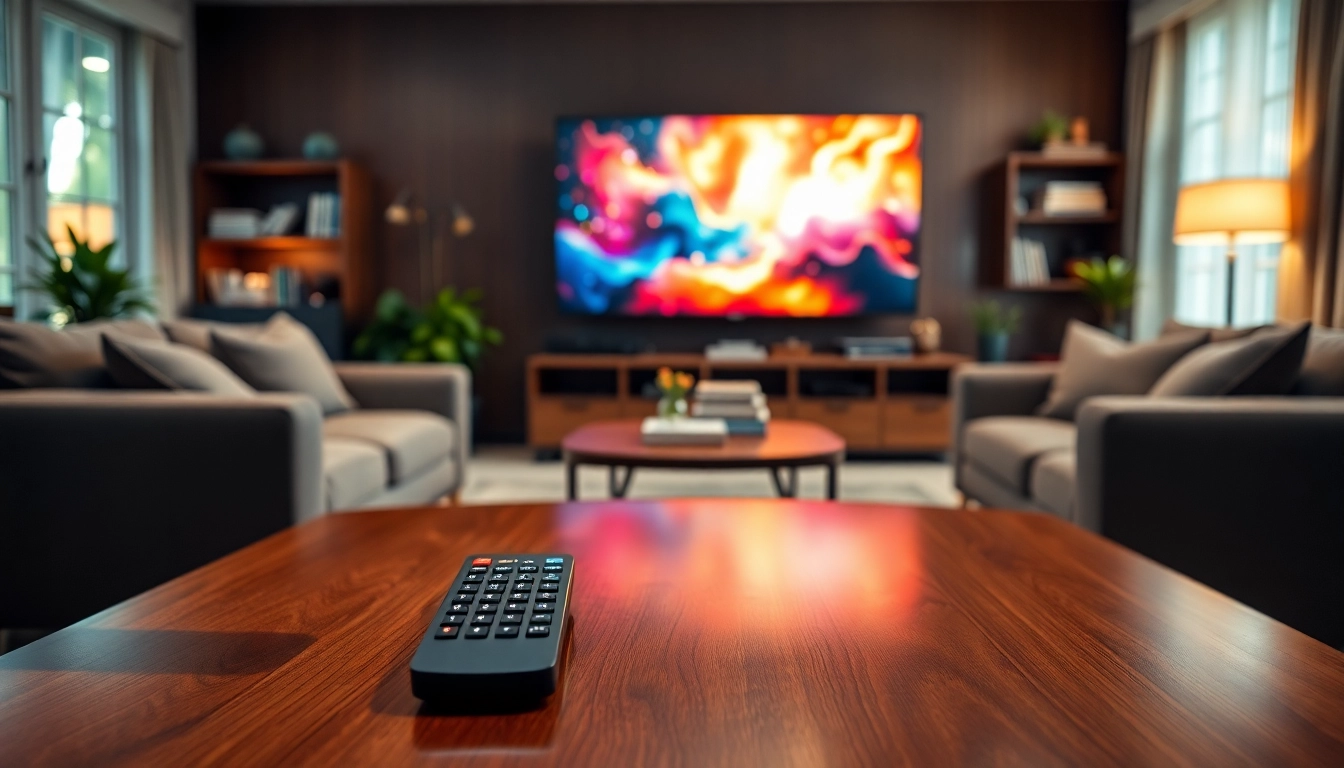 Fernbedienung Telefunken RC5118 auf einem eleganten Couchtisch in einem modernen Wohnzimmer.