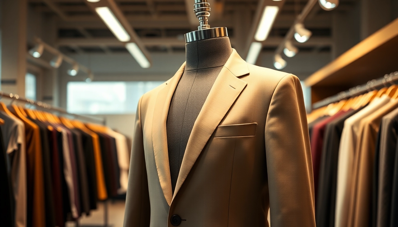 Apparel Manufacturer's stylish blazer displayed in a sophisticated showroom with rich textures.