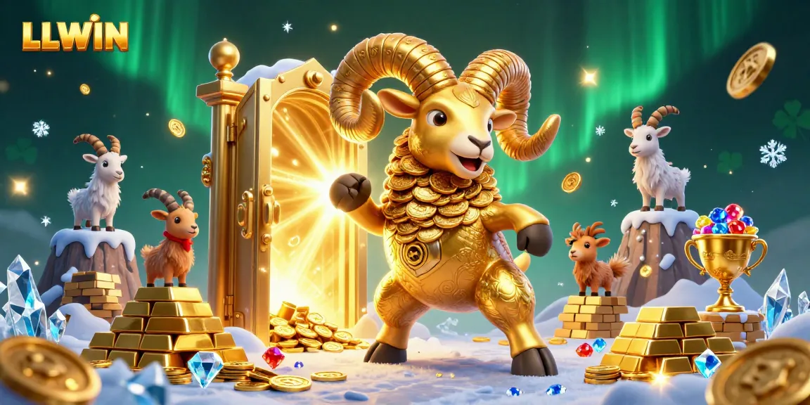 Experience the action at LLWIN with a dynamic scene of a golden ram charging through a treasure-filled gate.