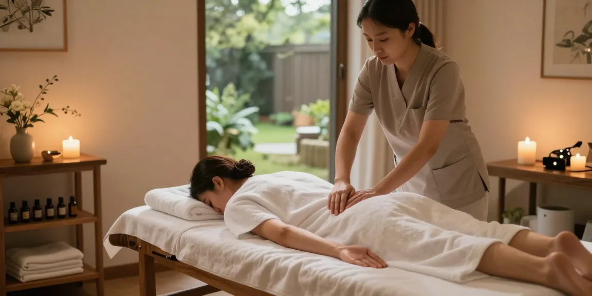 Swedish massage preparation scene from https://www.makangs.com/ with soft lighting, essential oils, and floral decor.