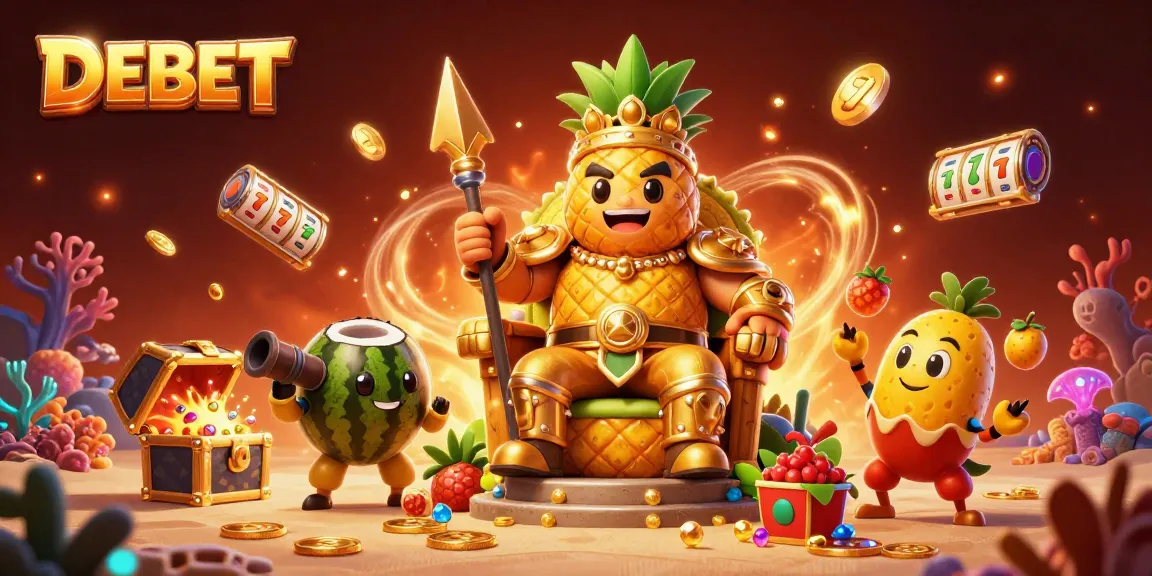 Engage with DEBET in a vibrant 3D casino scene featuring a golden pineapple king and dynamic slot game elements.