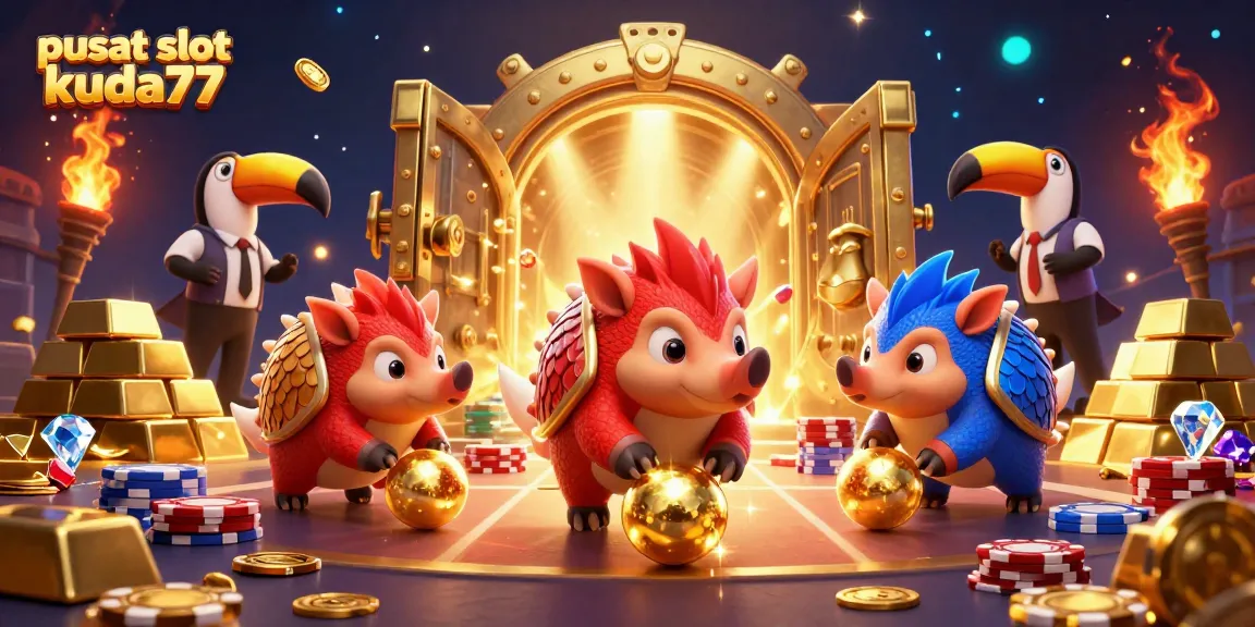 Menggambarkan pusat slot kuda77 di mana pangolin berkompetisi dengan memenangkan chip poker dan harta emas.