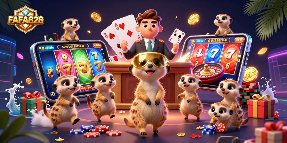 FAFA828 meerkats operate a lively casino with slot games, cards, and chips in a vibrant scene.