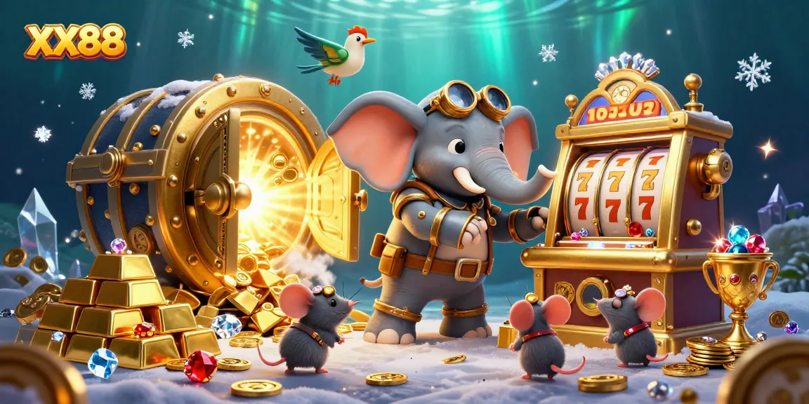 Spin the golden slot machine at XX88 to reveal treasures in this vibrant casino scene.