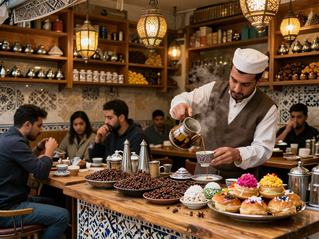 قهوجي يقوم بصب القهوة في مقهى تقليدي مع زبائن مستمتعين بأجواء مريحة.