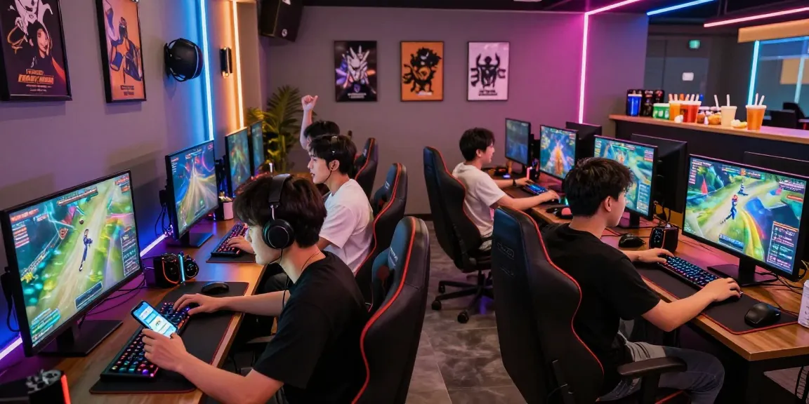 Tải xuống ứng dụng Jin88 trên điện thoại trong phòng game hiện đại với bạn bè.