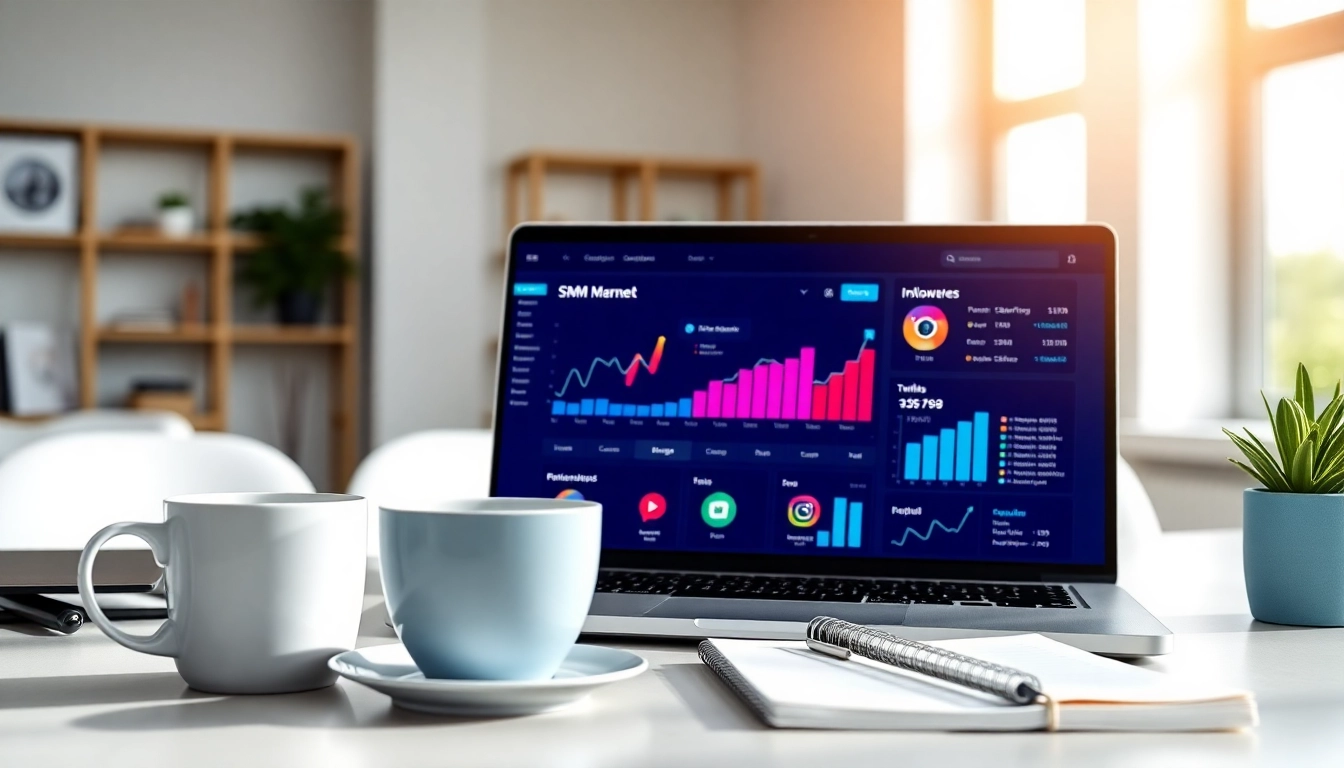 Analyze metrics on an Instagram smm panel in a bright office environment with vibrant growth graphs.