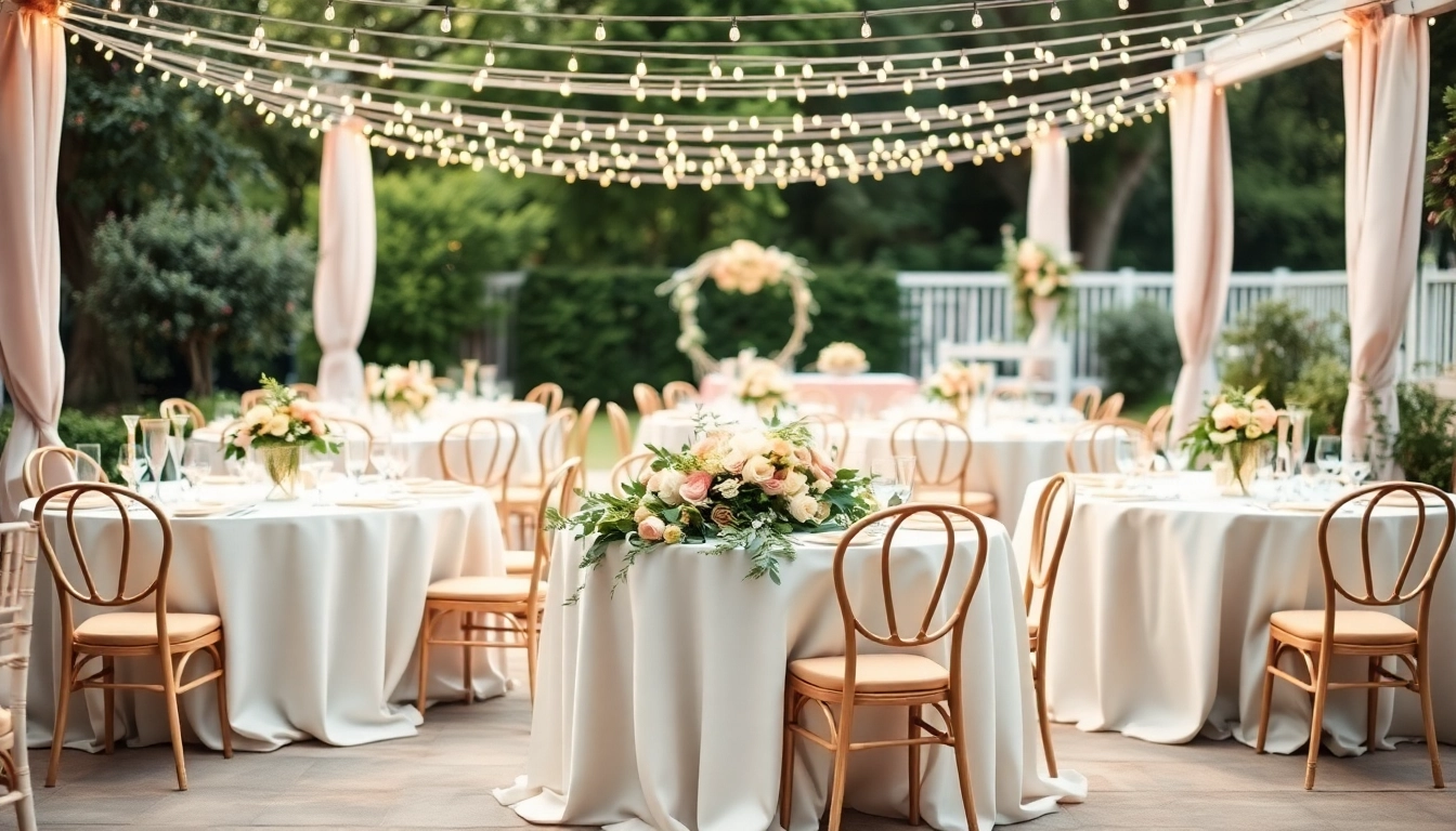 Showcase elegant Wedding Rentals with floral centerpieces and charming outdoor setup.