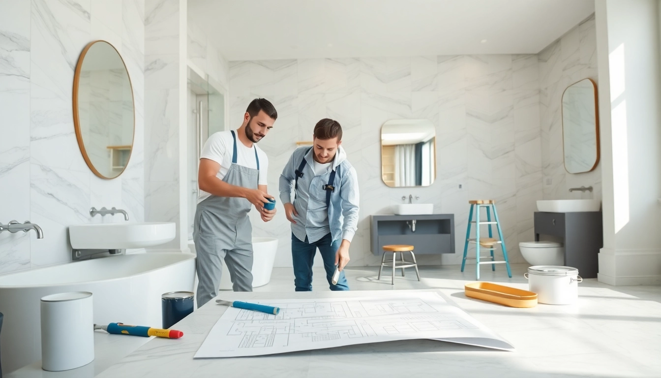 Bathroom contractors near me showcasing a renovation project with modern fixtures and tools.