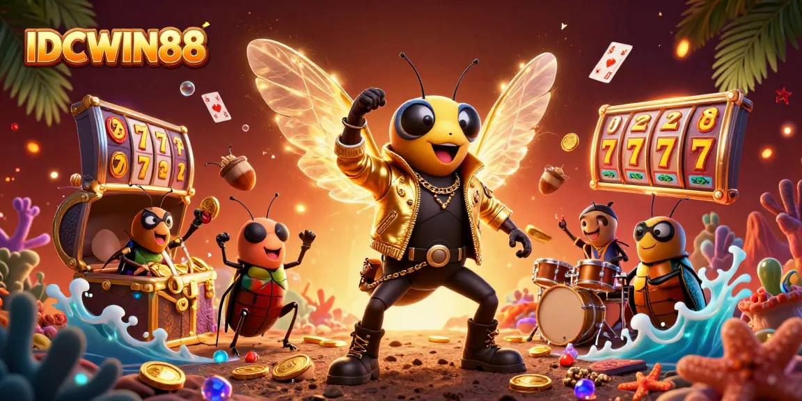 Play exciting games at IDCWIN88 featuring animated characters alongside dynamic slot reels and treasure in a vibrant casino scene.