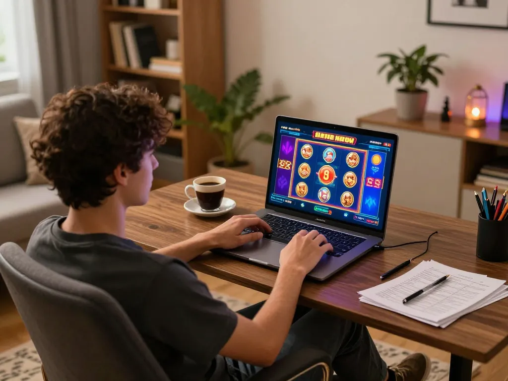 Engaging moment of an online player enjoying bonus new member 100 slot games from home with coffee and strategy notes