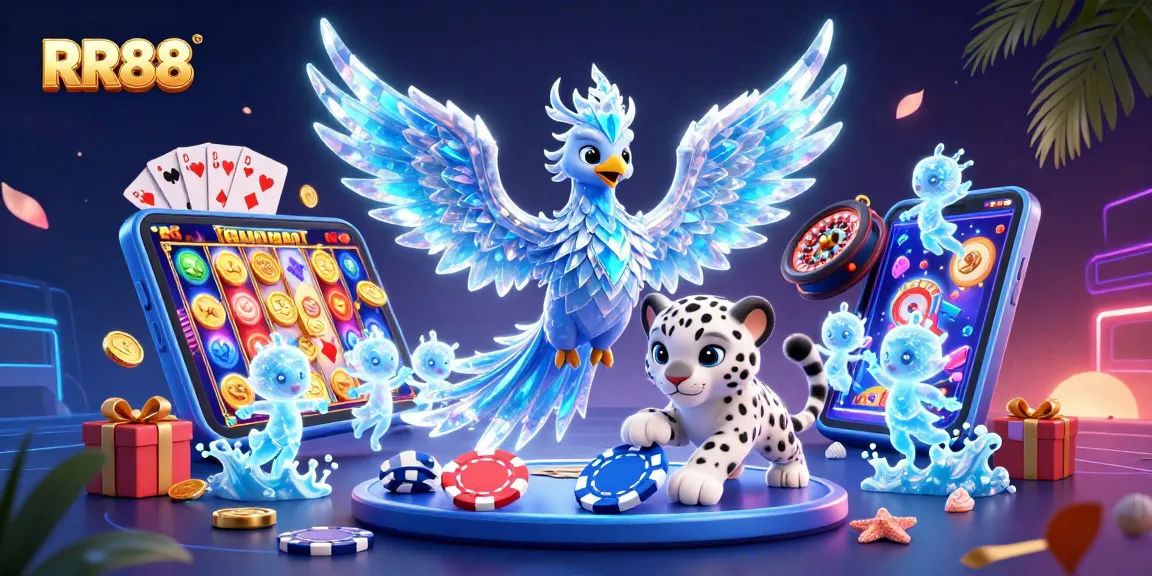 Experience thrilling gaming action at RR88 with the ice phoenix and adorable characters amidst vibrant casino elements.