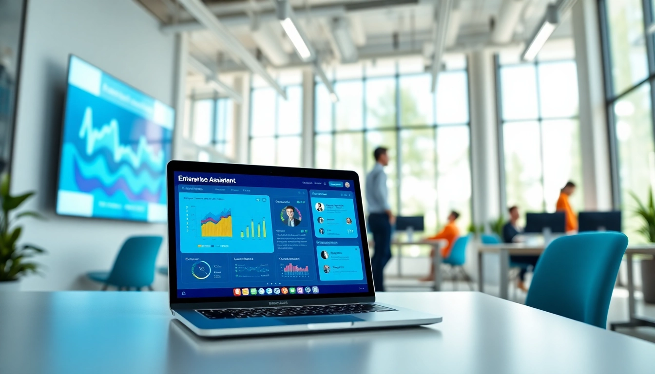 Empowering enterprise assistant interface showcased in a vibrant professional workspace setting.