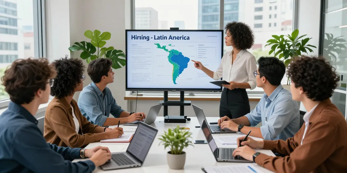 Team collaboration discussing how to hire talent in Latin America in a modern office.