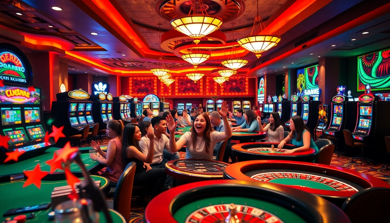 Ucapkan selamat datang di bbni4d dengan suasana kasino yang ramai dan cerah.