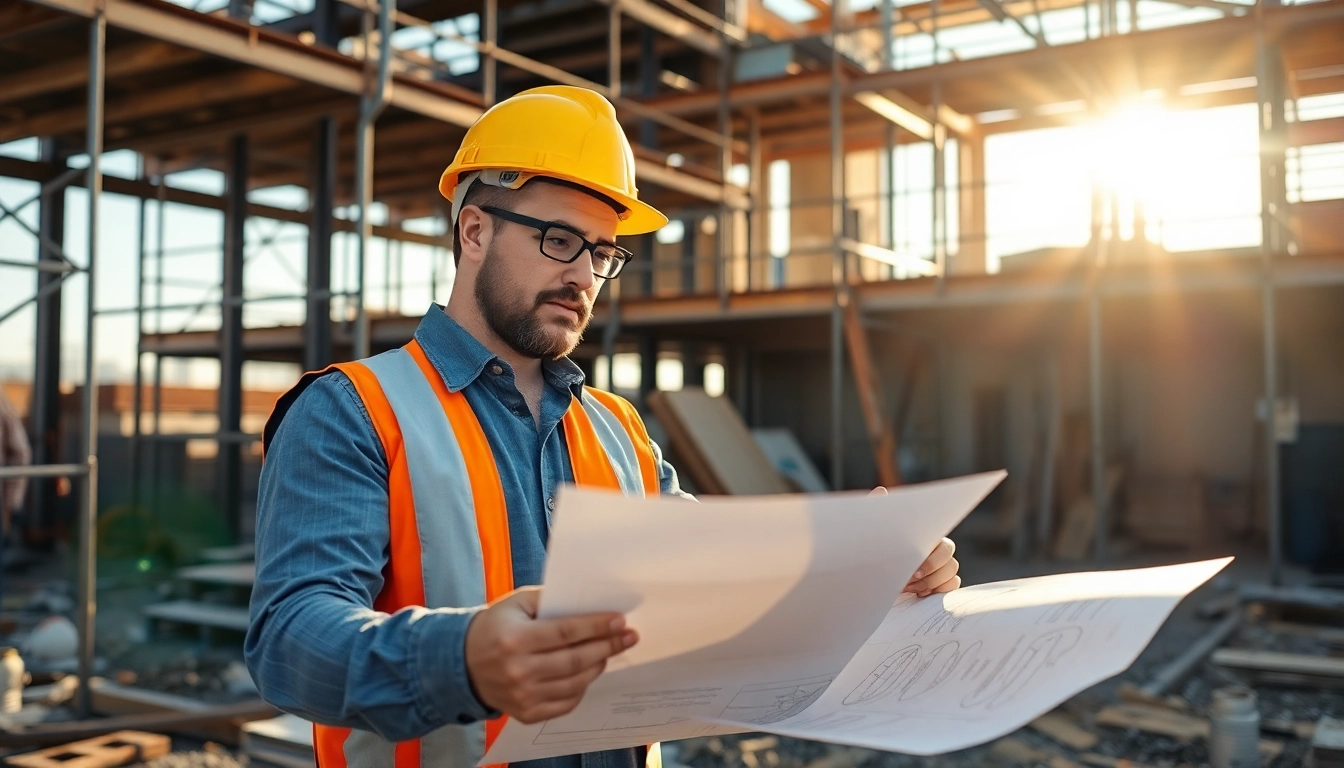 Builder reviewing plans on-site, showcasing the Texas association of builders and construction professionalism.