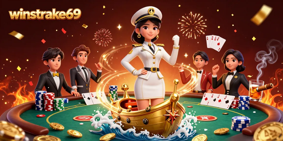 winstrike69 showcases an action-filled poker scene with an Asian naval officer, vibrant casino elements, and celebratory confetti.