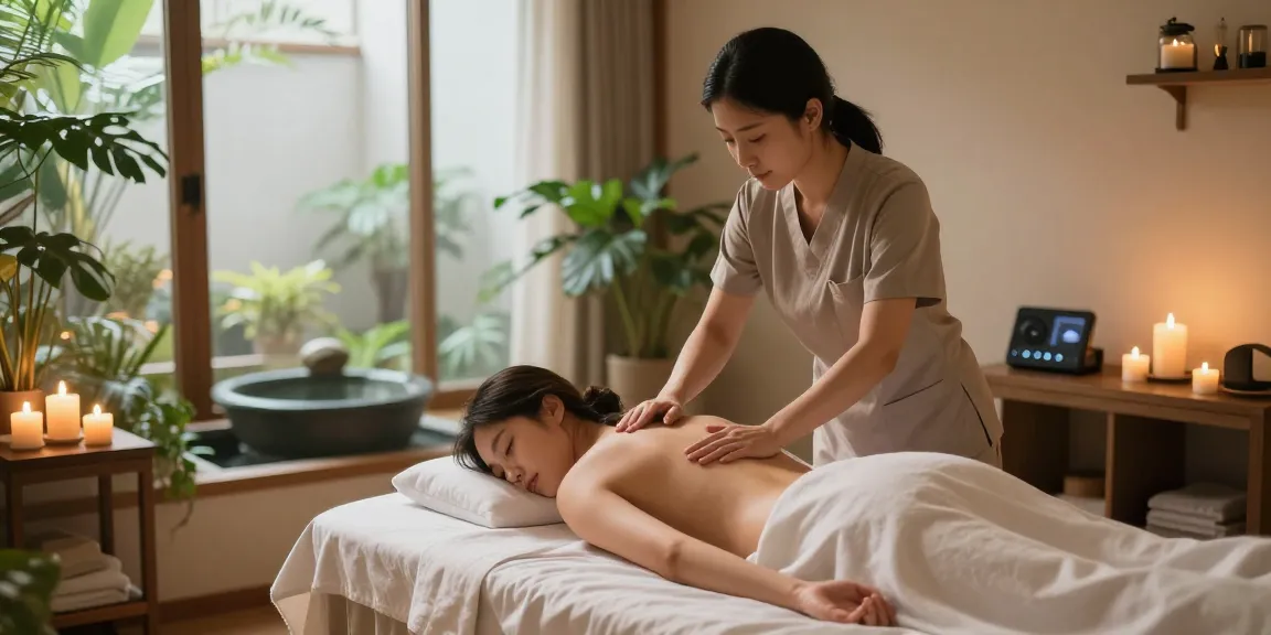 서대문출장안마 중인 고객과 마사지 치료사, 아늑한 스파 환경에서의 편안한 순간