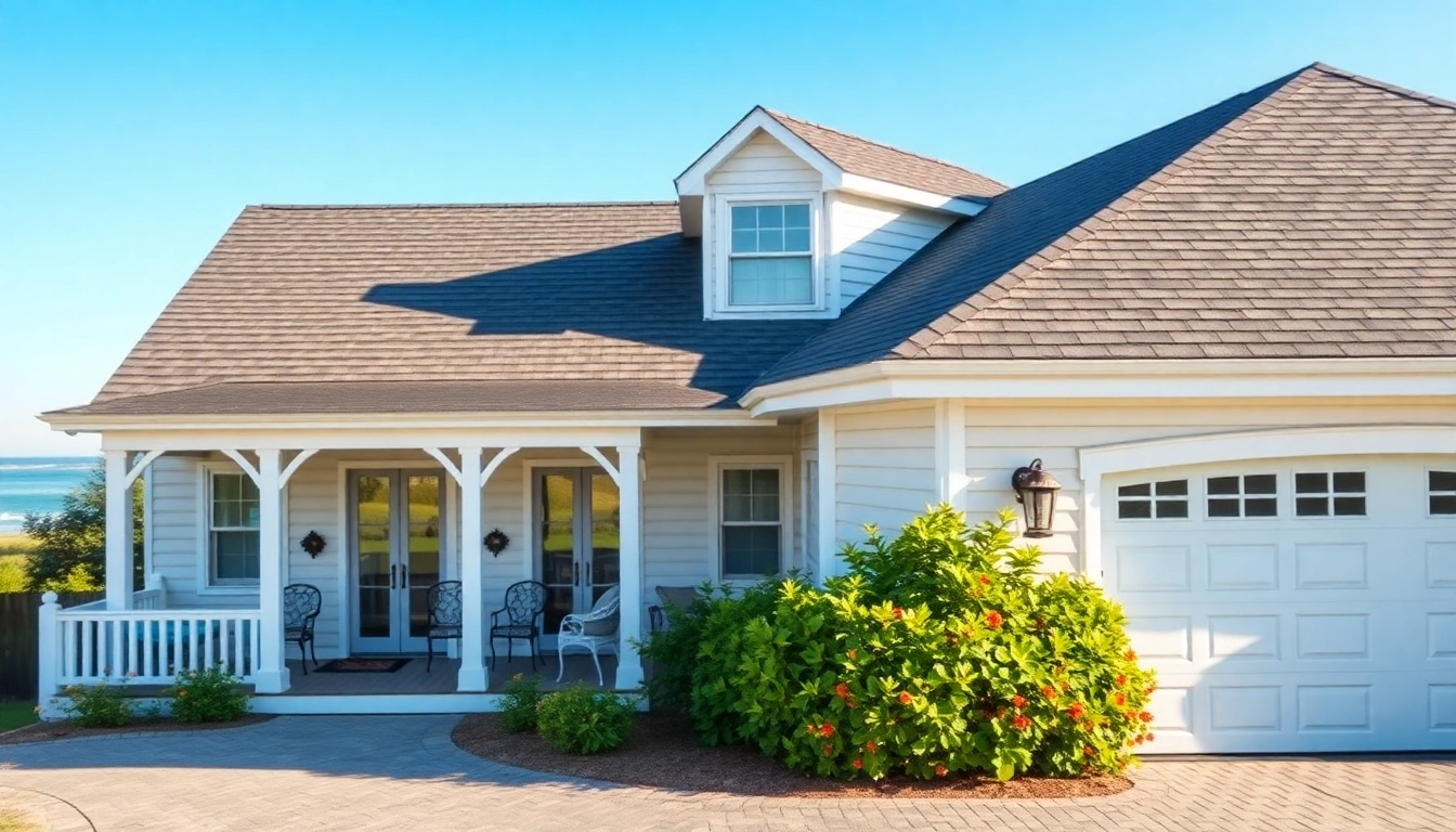 Showcase of a stunning cape cod home featuring an attached garage in a tranquil beach setting.
