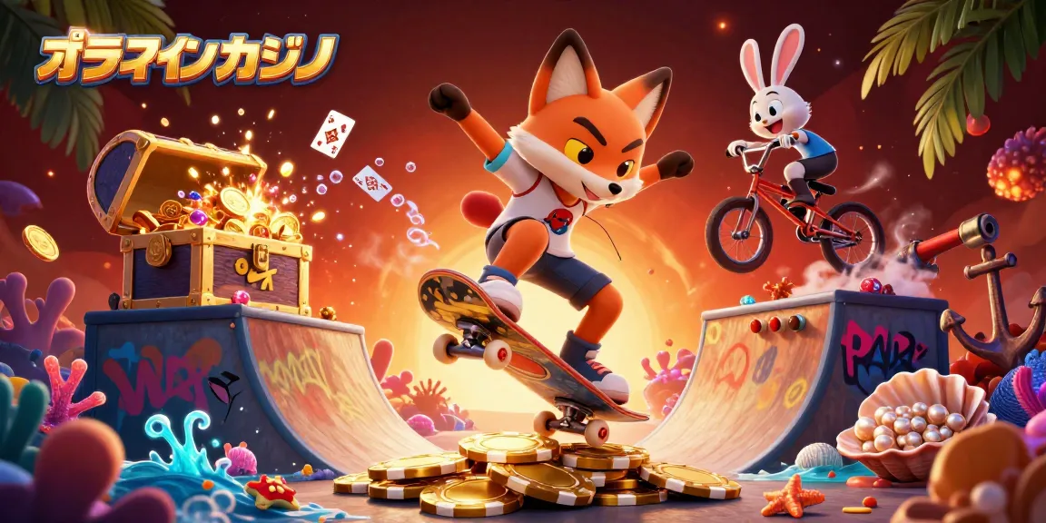 オンラインカジノでスケートボードとBMXを楽しむキャラクターのイラスト