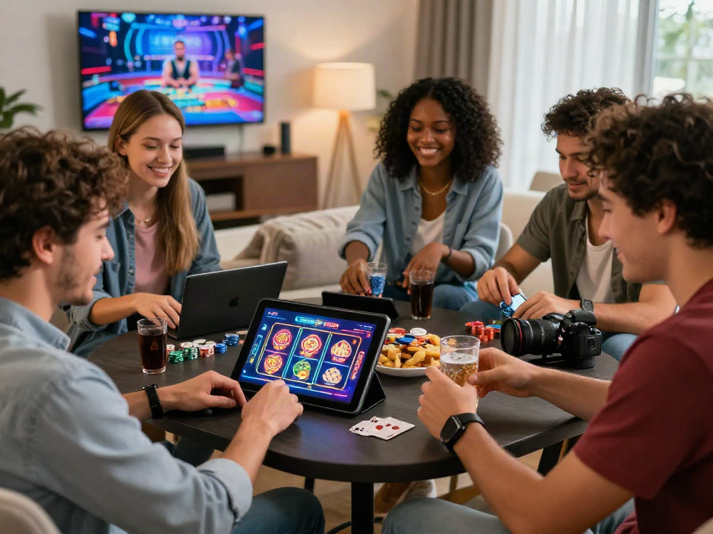 Friends enjoying situs casino games on a digital tablet in a cozy living room.
