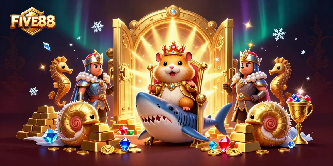 Engage with the magical FIVE88 casino realm as the hamster king reigns amidst treasures and gaming glory.