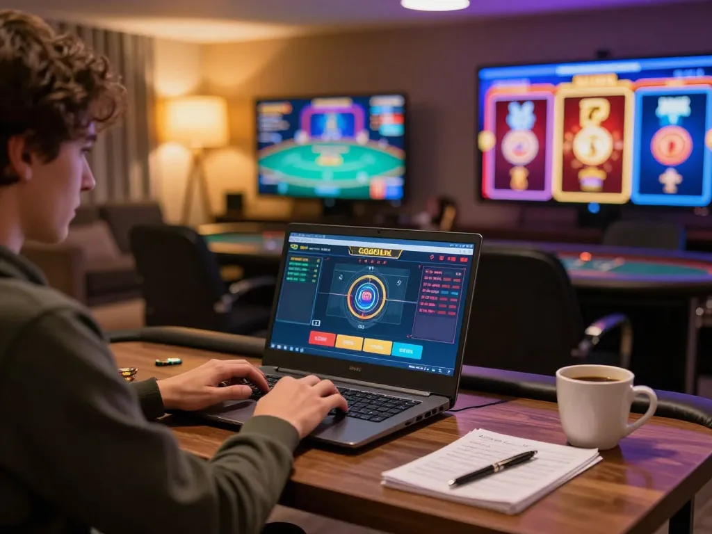 Engaging player utilizing GG88 Link for online gaming in a cozy home environment