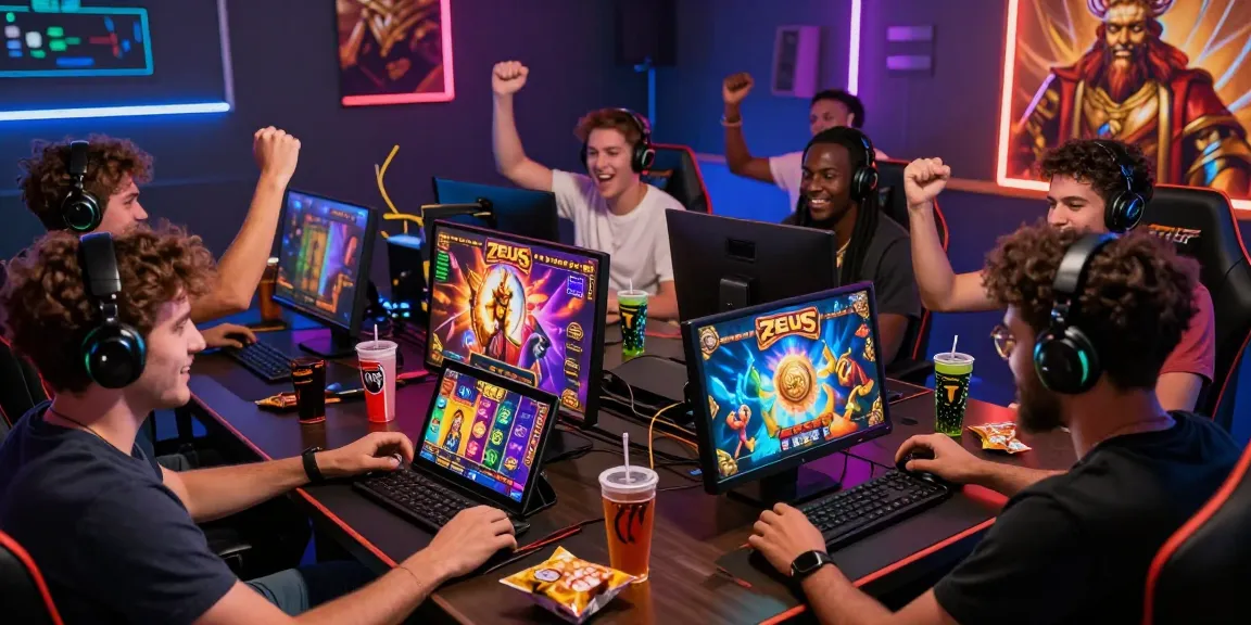 Engaging players enjoying slot zeus on multiple devices, celebrating wins in a vibrant gaming atmosphere.