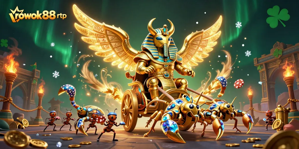 Experience the thrill of rokok88 rtp with vibrant golden scarab characters and casino elements.