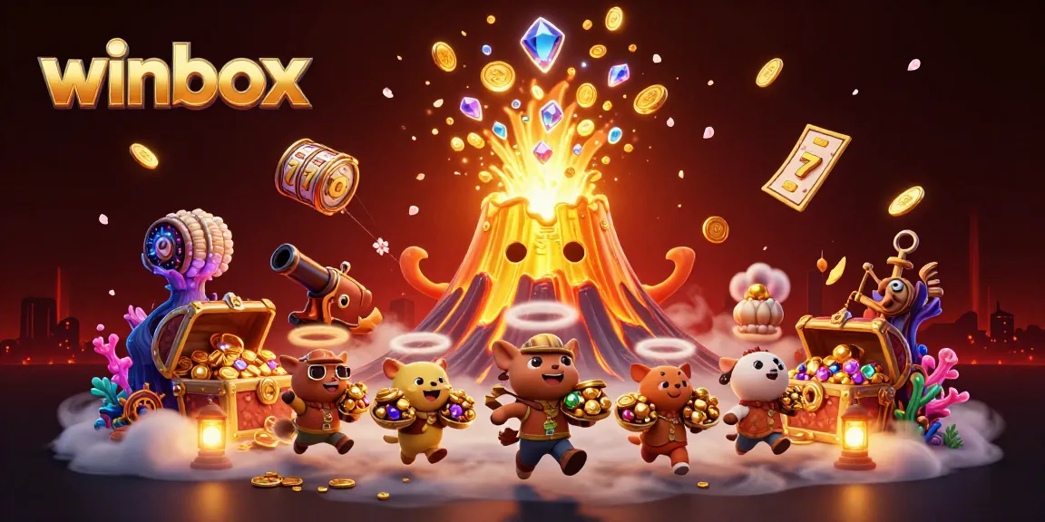 Winbox brings excitement with a golden volcano, slot reels, and treasure in this vibrant casino illustration.