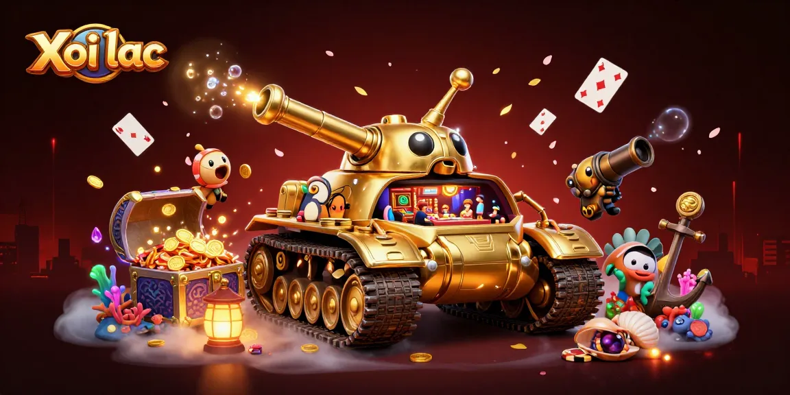 Xoi lac showcases an exciting mini-casino inside a golden beetle tank, surrounded by festive treasures.