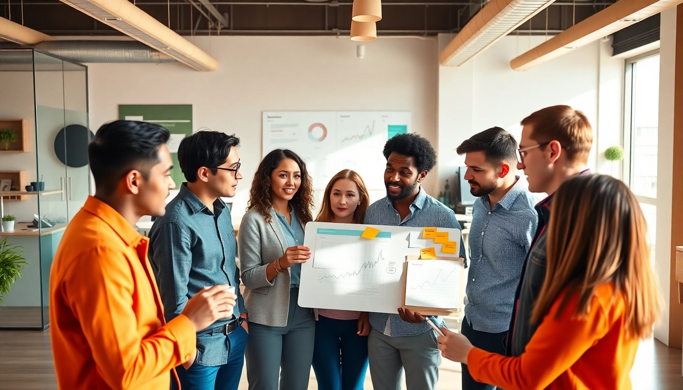 Team collaboration at a social media agency, showcasing strategy and creativity in a modern workspace.