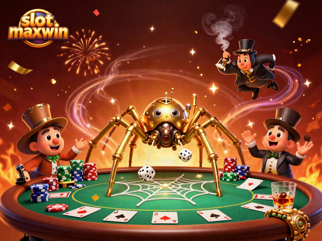 Engage with slot maxwin as the steampunk spider captures dice amidst casino excitement.