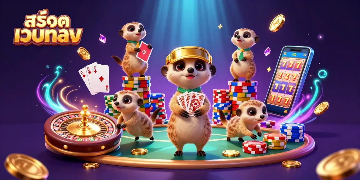 Engaging scene with a colony of meerkats operating a casino, showcasing สล็อตเว็บตรง and dynamic gaming elements.