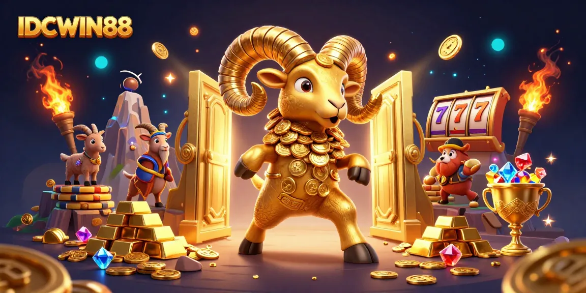 Engage with thrilling slot games at IDCWIN88, featuring a dynamic scene of golden treasures and exciting gameplay.