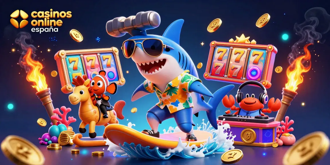 Juega en los casinos online España desde una interacción divertida con un tiburón en un ambiente de monedas brillantes.