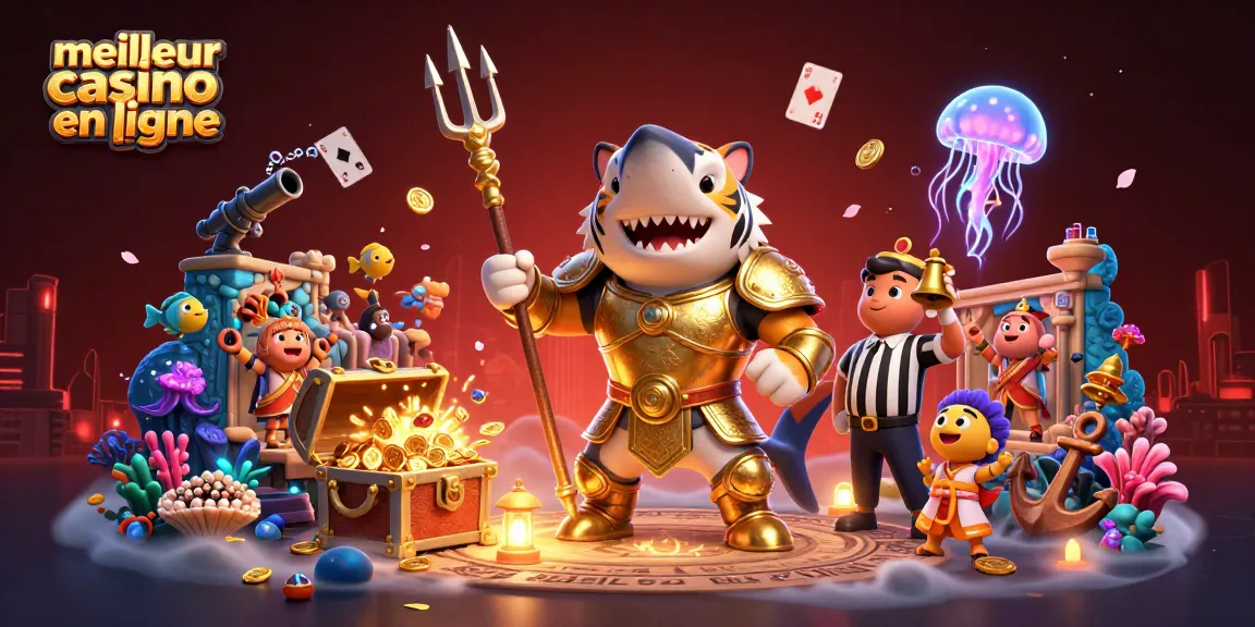 Image dynamique illustrant le meilleur casino en ligne avec un requin en armure, trésors sous-marins et ambiance de jeu captivante.