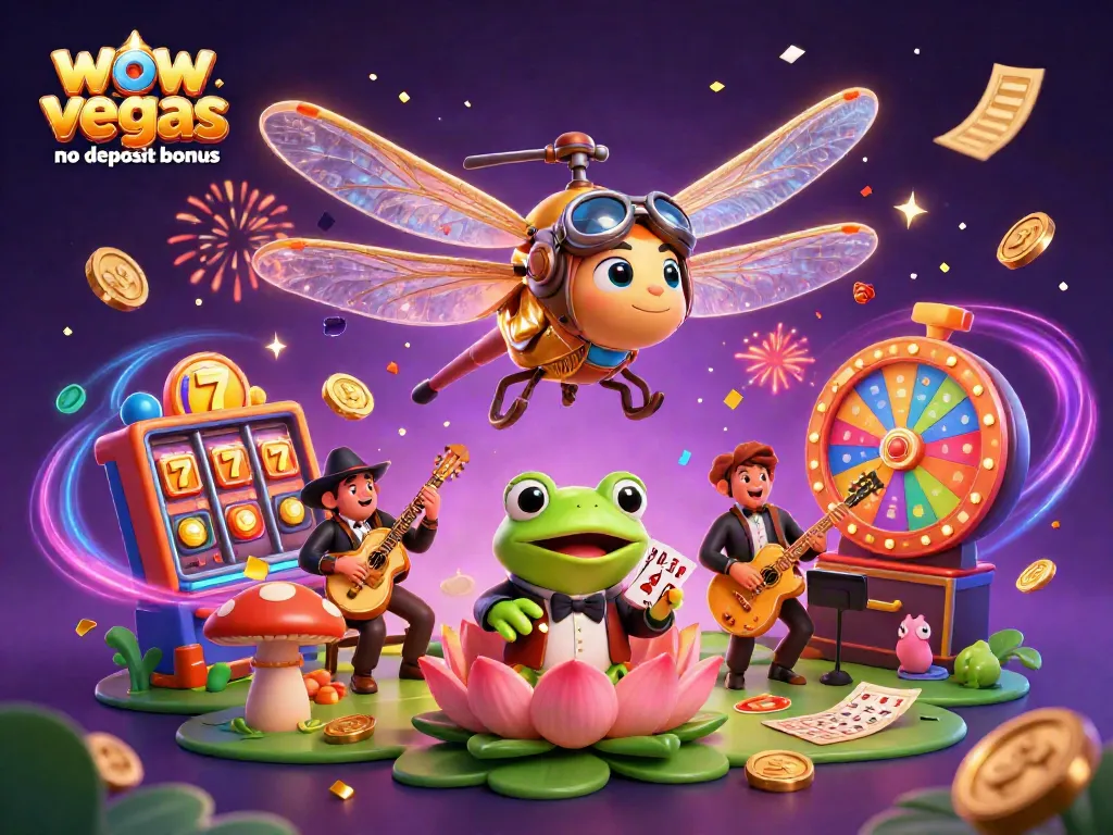 Play and win with the WOW Vegas no deposit bonus, featuring colorful slots and exciting casino elements in a lively atmosphere.