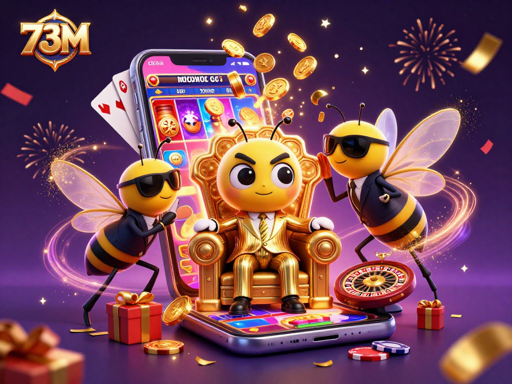 Nos jogos de cassino, 73M oferece uma ilustração vibrante de um chefão abelha com temática de cassino.